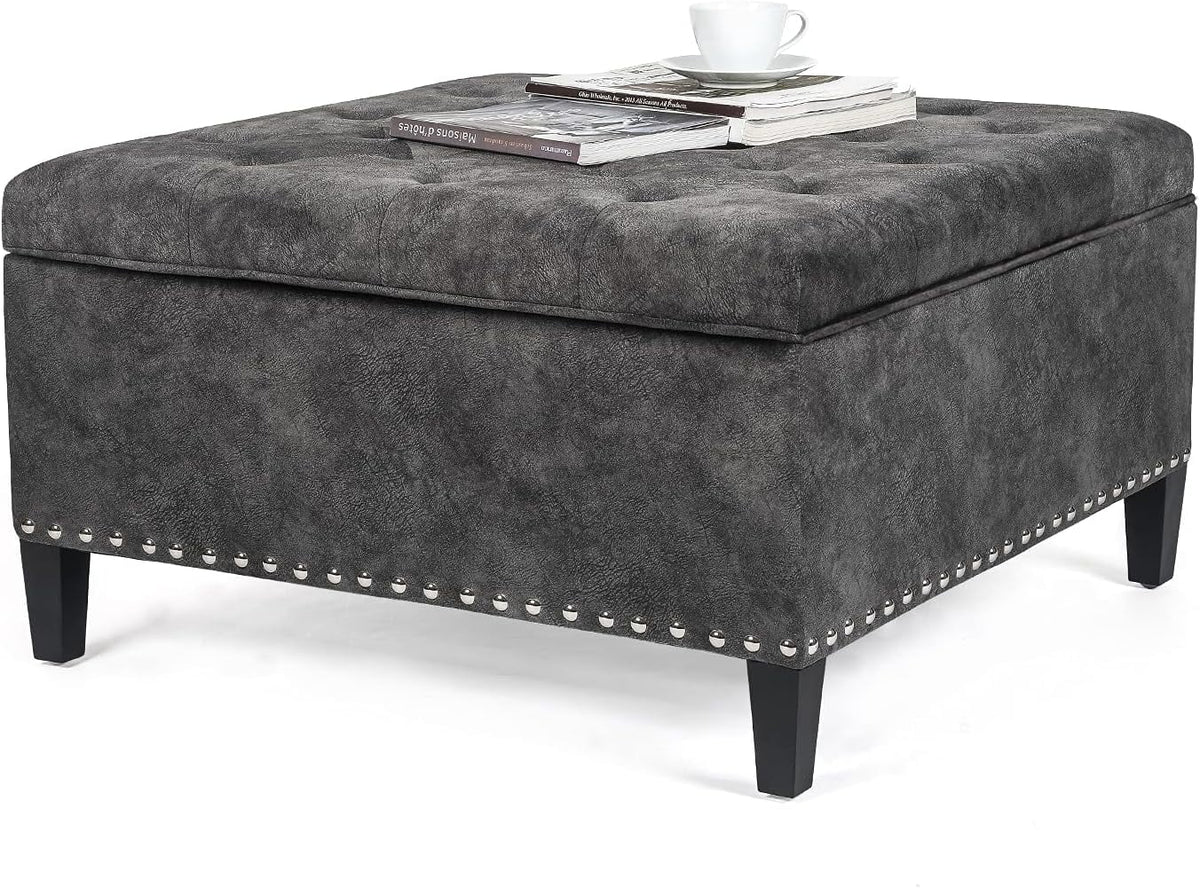 Grey Tufted Storage Ottoman Bench with Wood Legs P7394