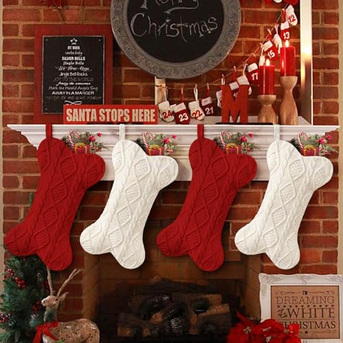 Knit White Bone Shape Dog Christmas Stocking B300556