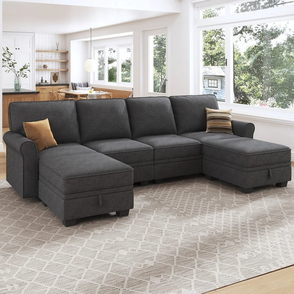 Dark Grey U-Shaped Sectional Storage Sofa with Ottomans M4950