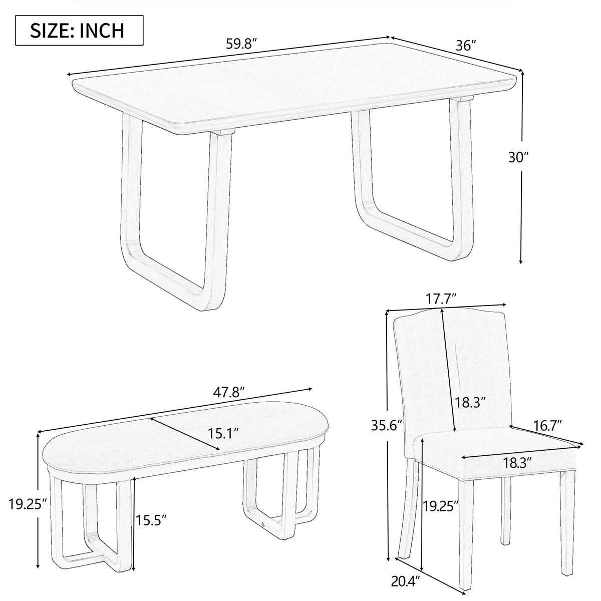 6 Pcs Wood Dining Set with Table 4 Chairs & Bench M948175