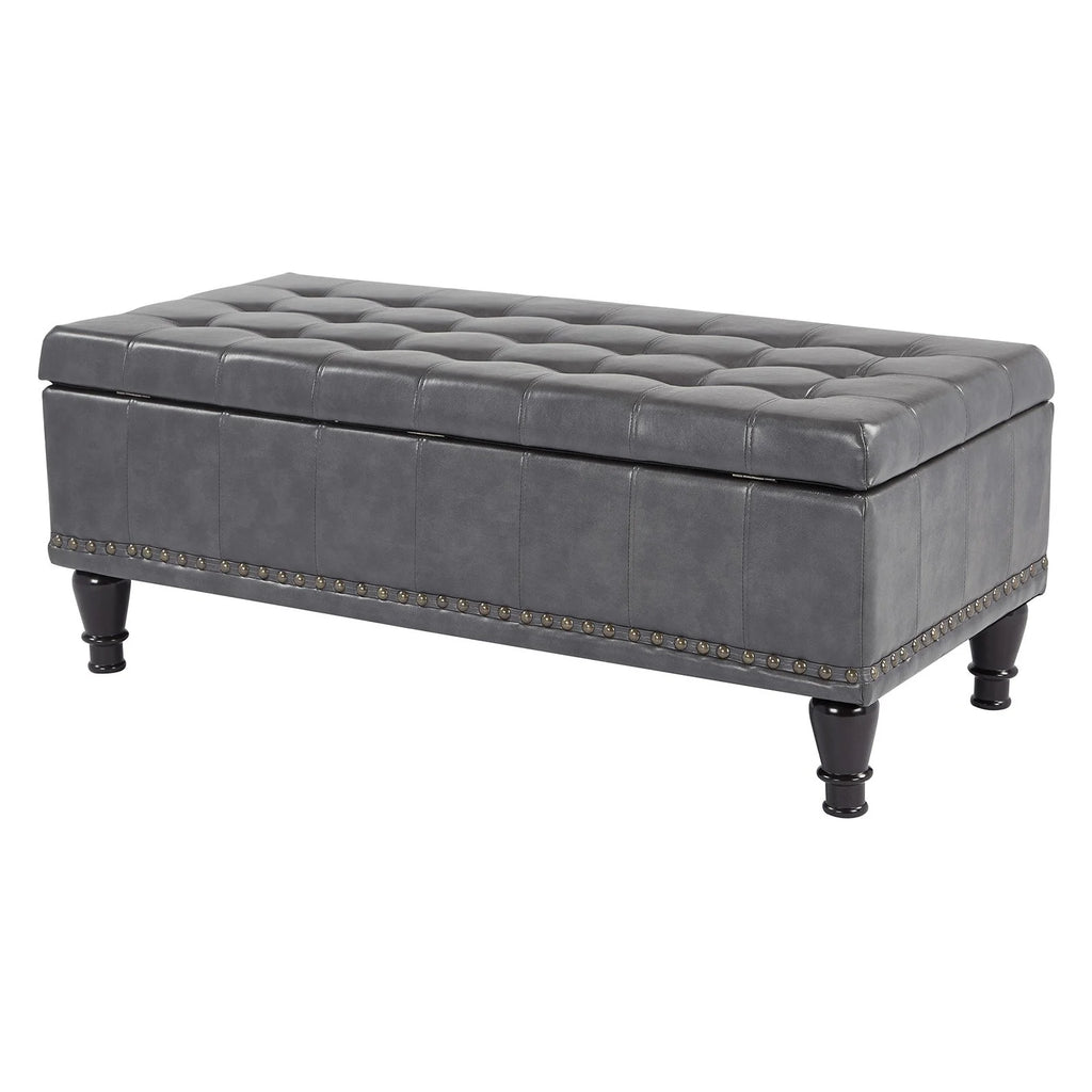 Grey Bonded Leather Storage Ottoman with Antique Brass Nailheads D337979