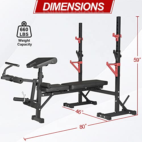 Weight Bench with Squat Rack, Adjustable Bench, Foldable Bench & Barbell Rack Stand, 660Lbs A62377