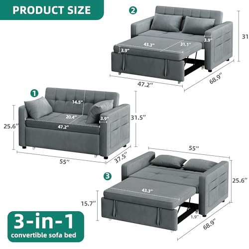 Grey Velvet Convertible Sofa Bed V9260