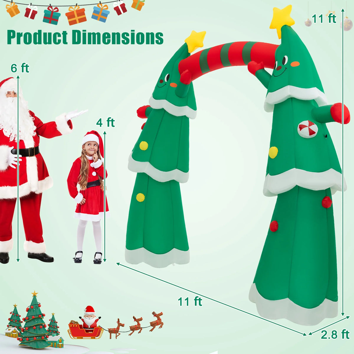 11FT Inflatable Christmas Tree Arch with Santa Claus LED Lights D8770