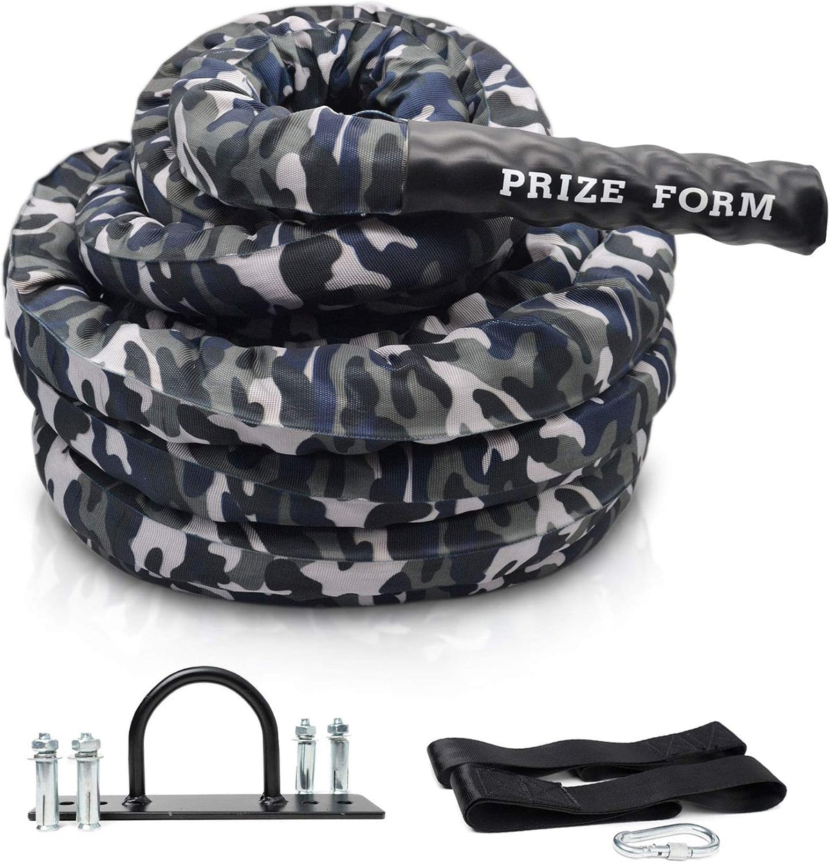 Battle Exercise Training Rope with Camo Protective Cover & Anchor Strap Kit, Poly Dacron 1.5 Inch Diameter 30ft 40ft X9651