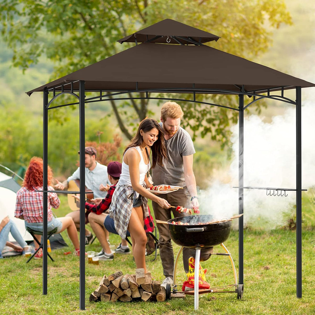 Brown 8'x 5' Outdoor BBQ Gazebo Canopy with LED Light L579137