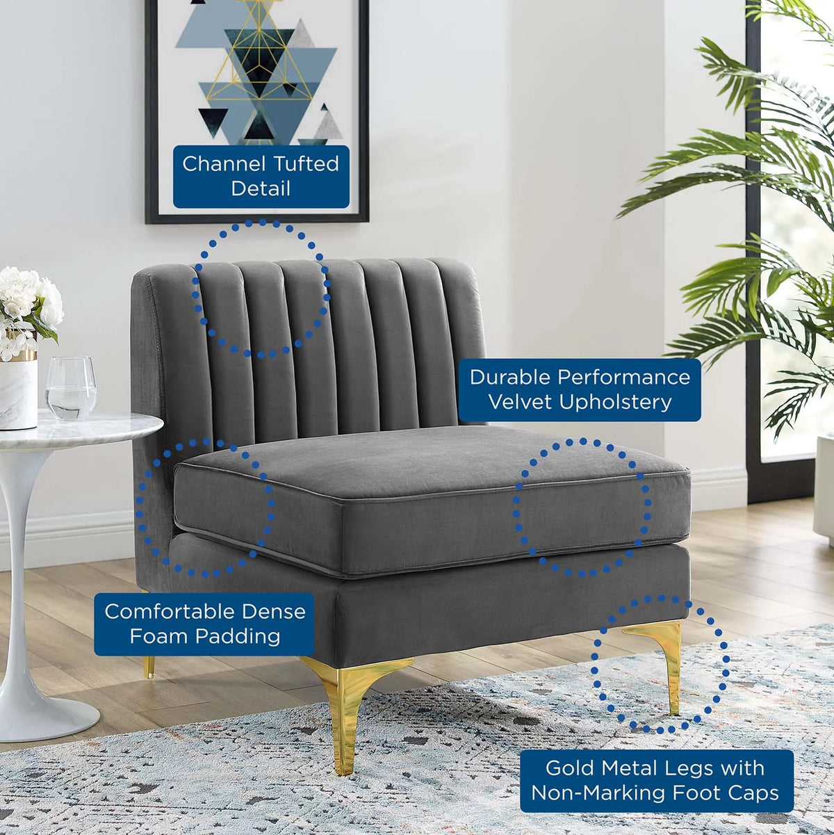 Gray Channel Tufted Performance Velvet Armless Chair R2491