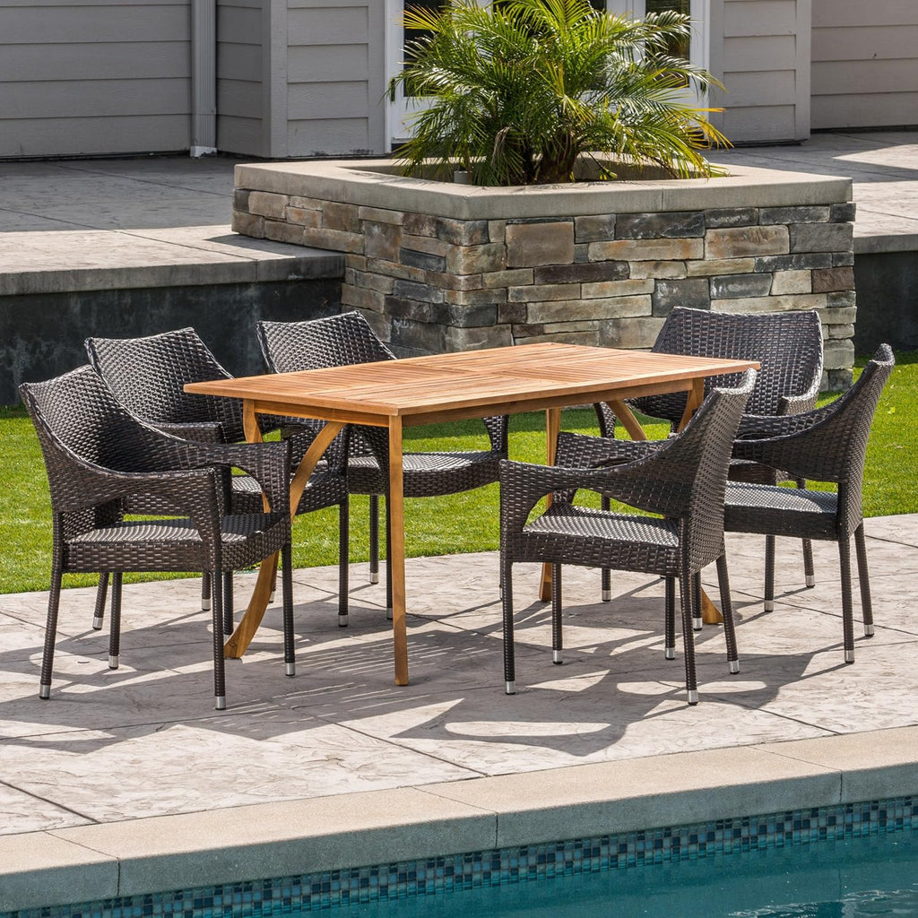 Outdoor 7-Piece Acacia Wood Wicker Dining Set in Multibrown Z308