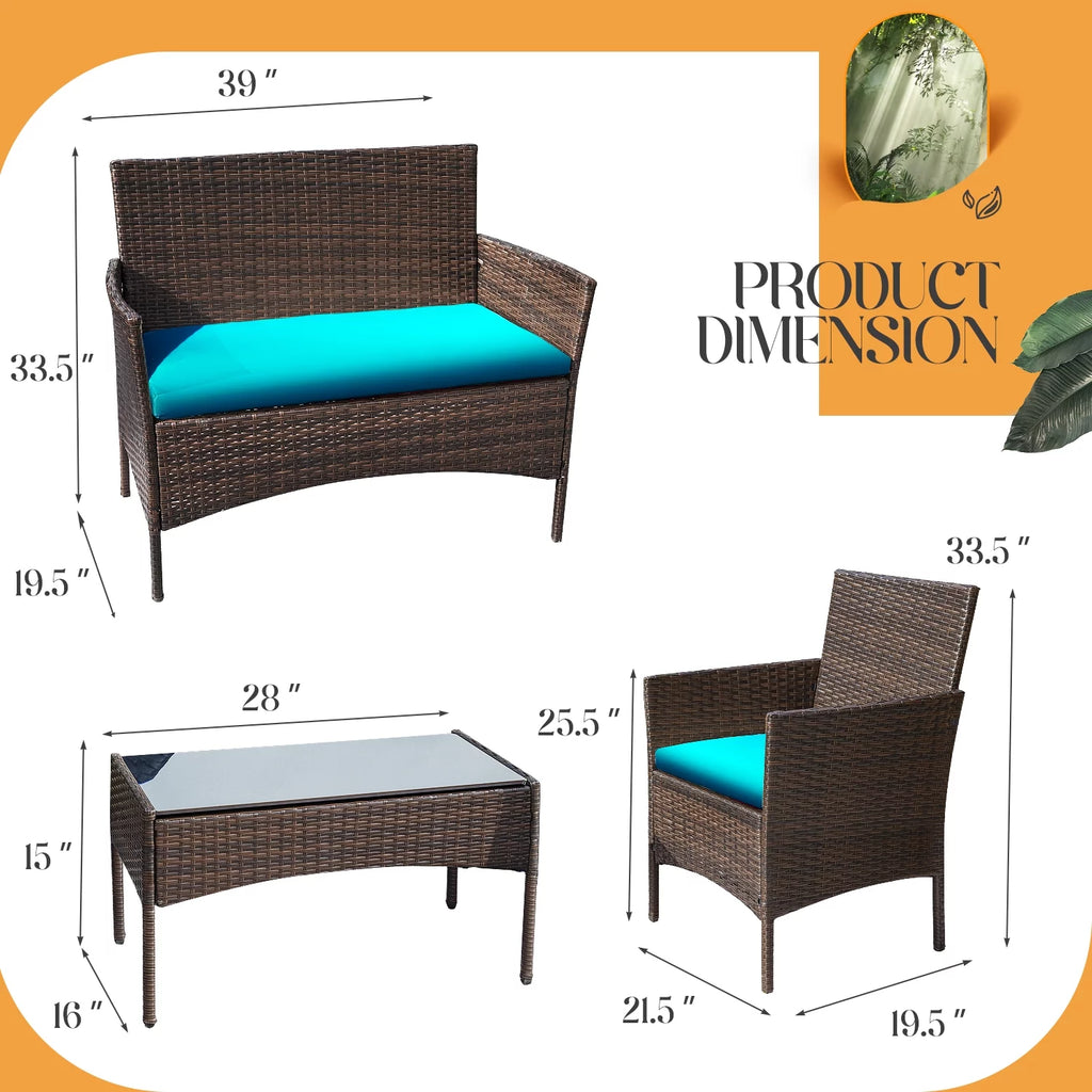 4 Piece PE Rattan Wicker Patio Table and Chairs Set with Cushions E412191