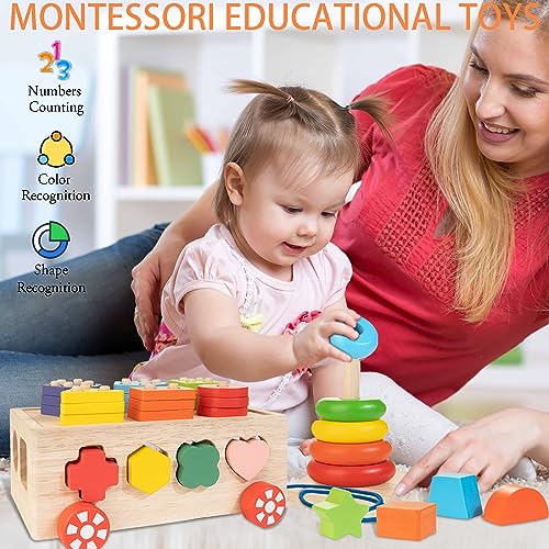 Wooden Blocks Shape Sorter Stacking Rings Baby Color Sorting Toys I489