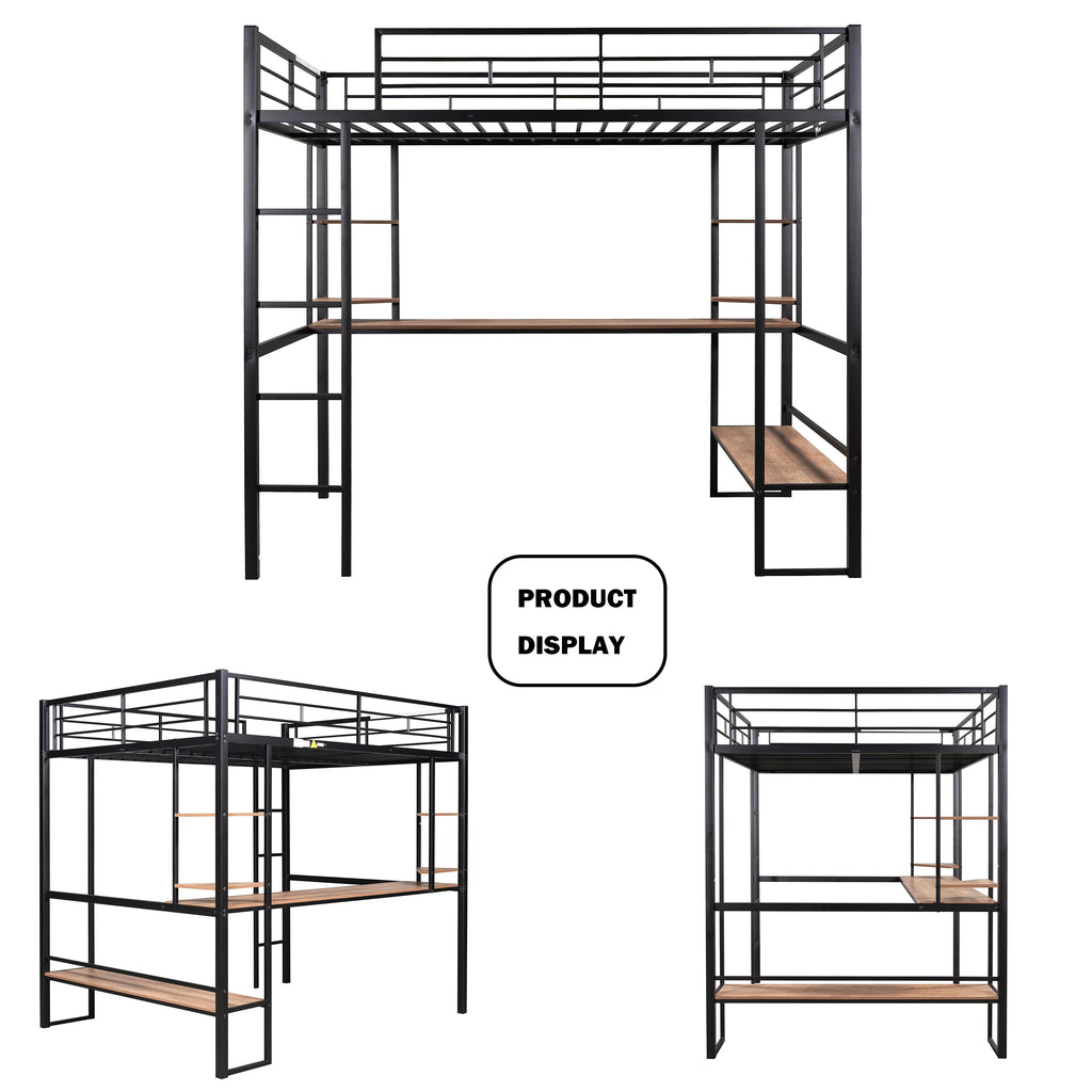 Full Size Metal Loft Bed with Desk and Shelves W626525
