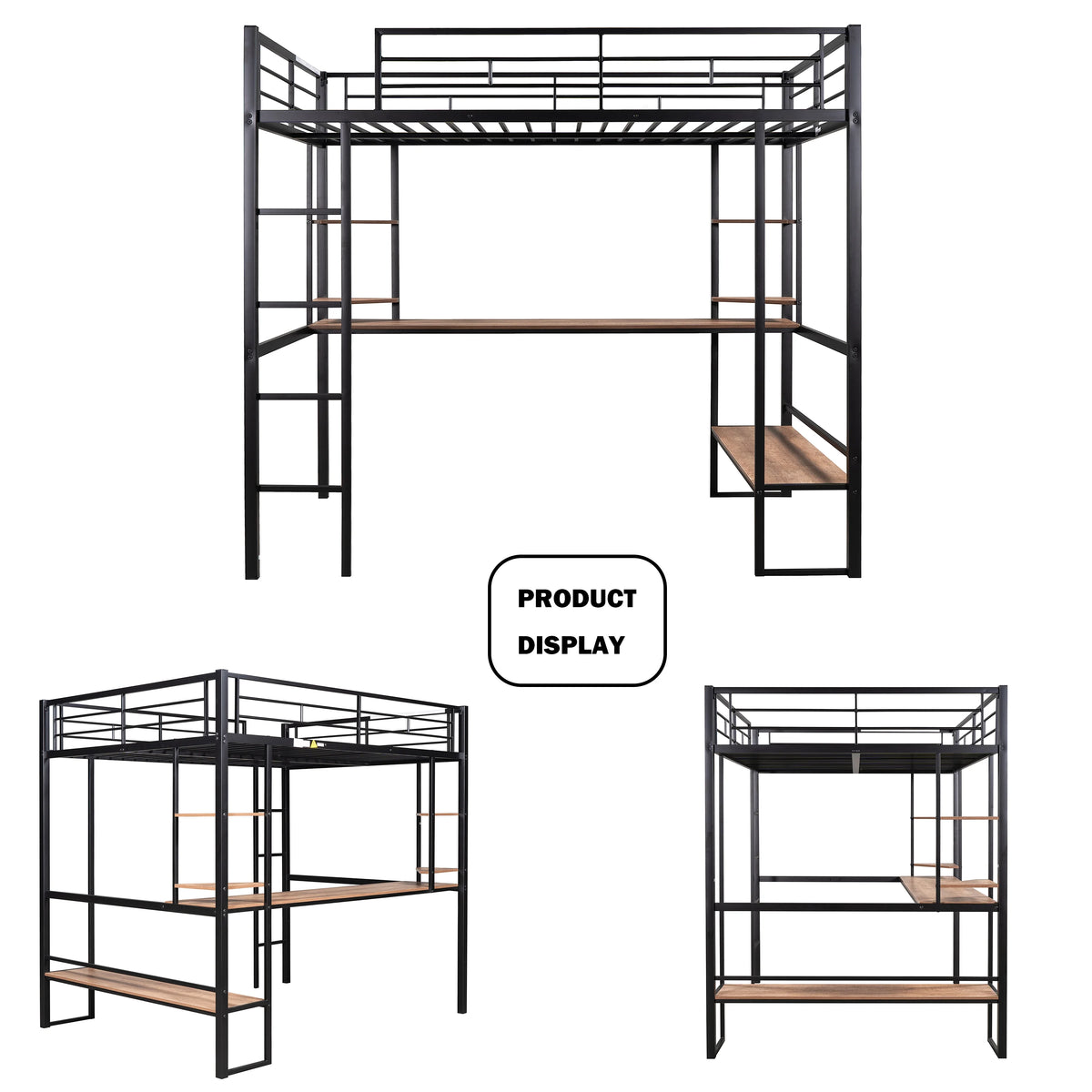 Full Size Metal Loft Bed with Desk and Shelves W626525