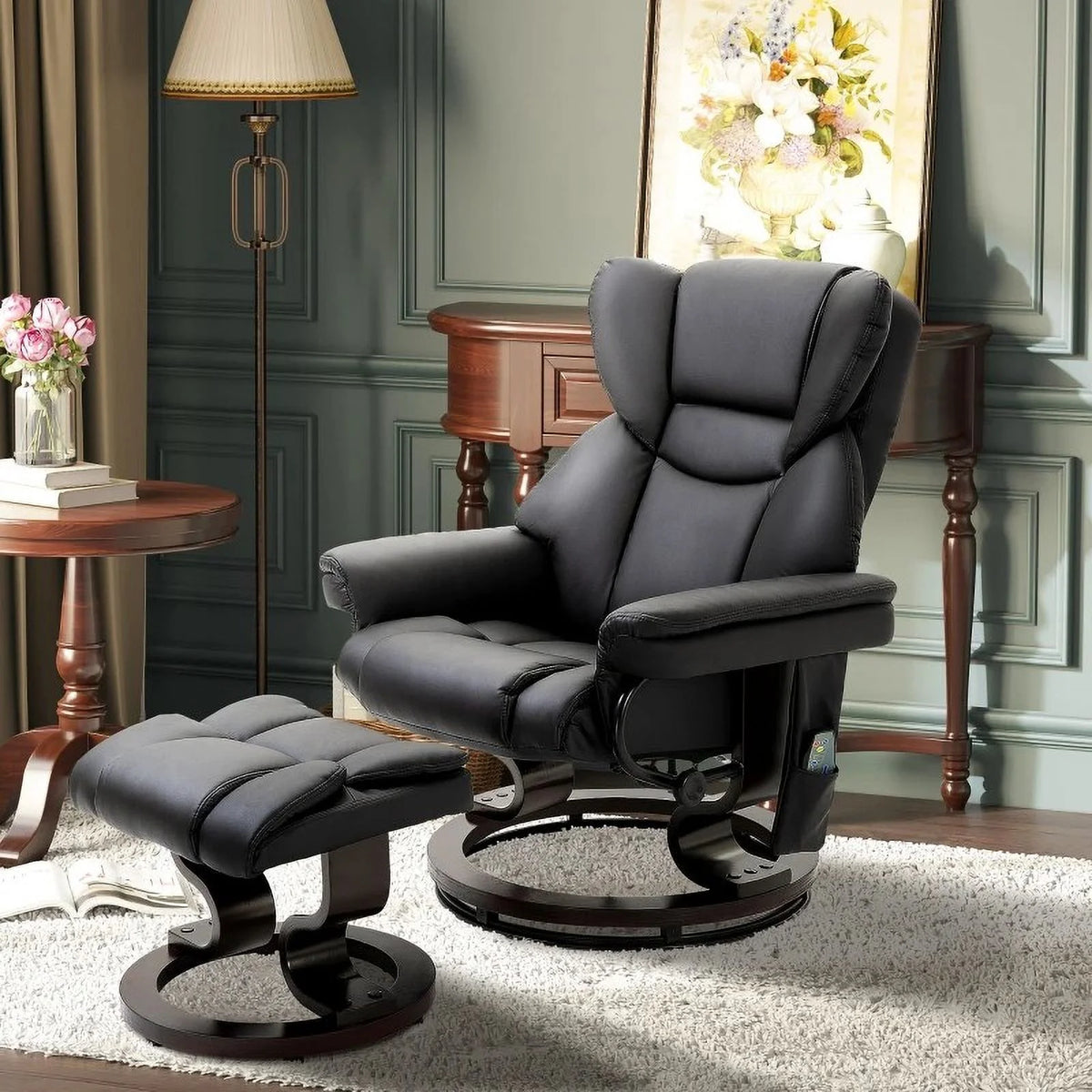 Black Faux Leather Remote Massage Recliner Chair with Ottoman M39815
