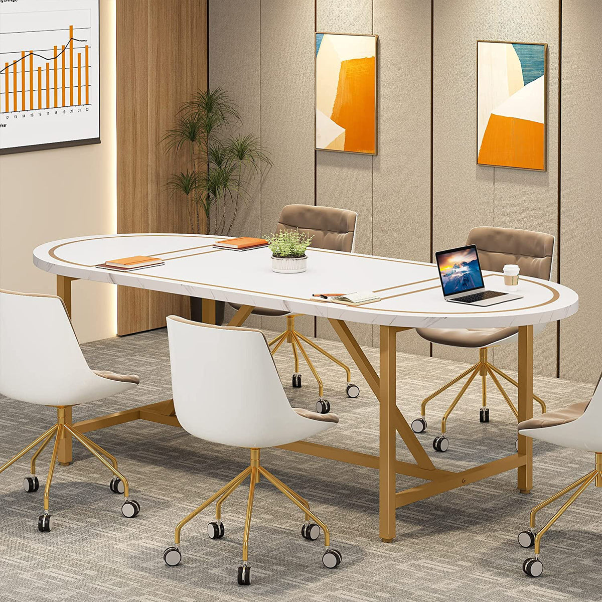 70.8" White and Gold Executive Desk D335