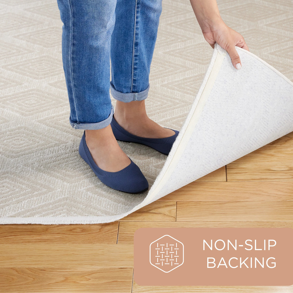 Beige Washable Area Rug with Non-Slip Backing U6488
