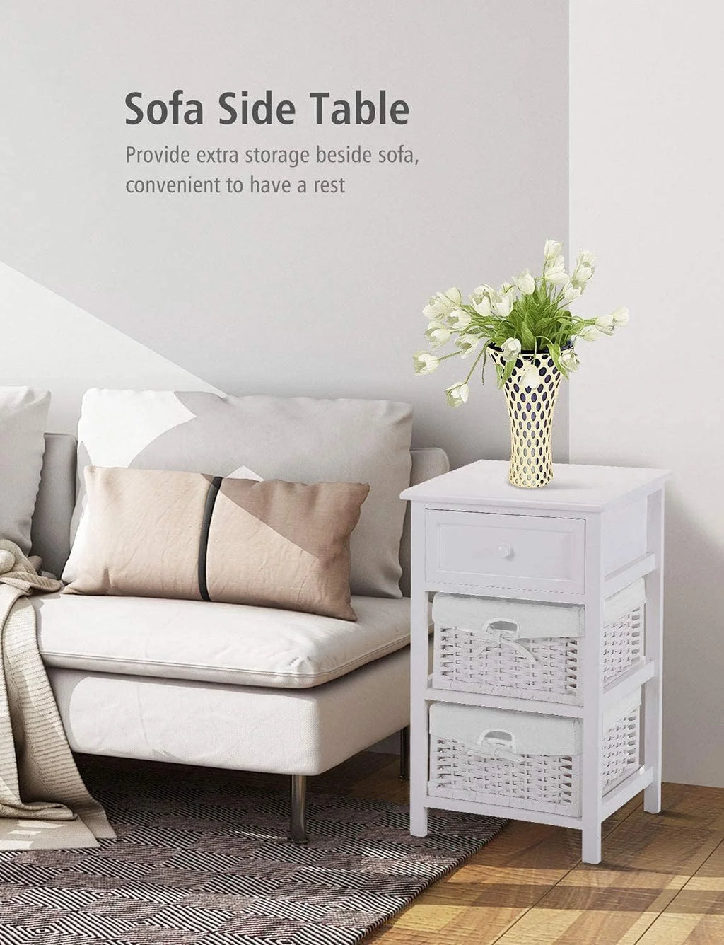 White 3 Tiers Nightstand with One Drawer 2 Baskets T1917
