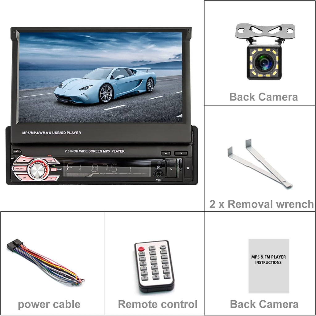 Single Din 7 Inch Flip Out Touchscreen Car Stereo with Backup Camera Q57779