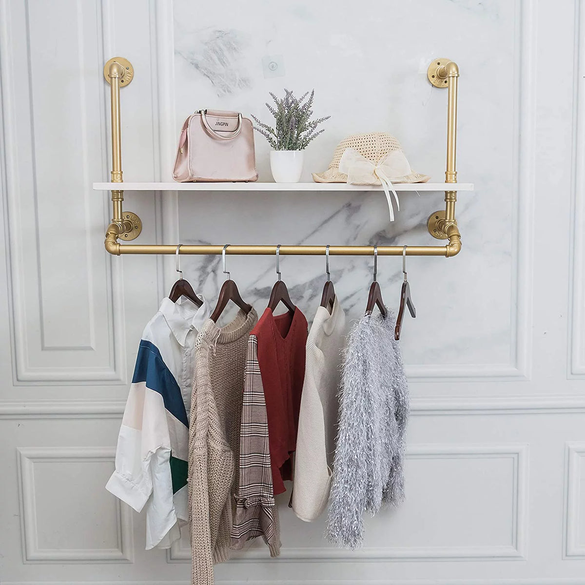 40" Gold White Industrial Wall-Mounted Iron Wooden Garment Rack F9160