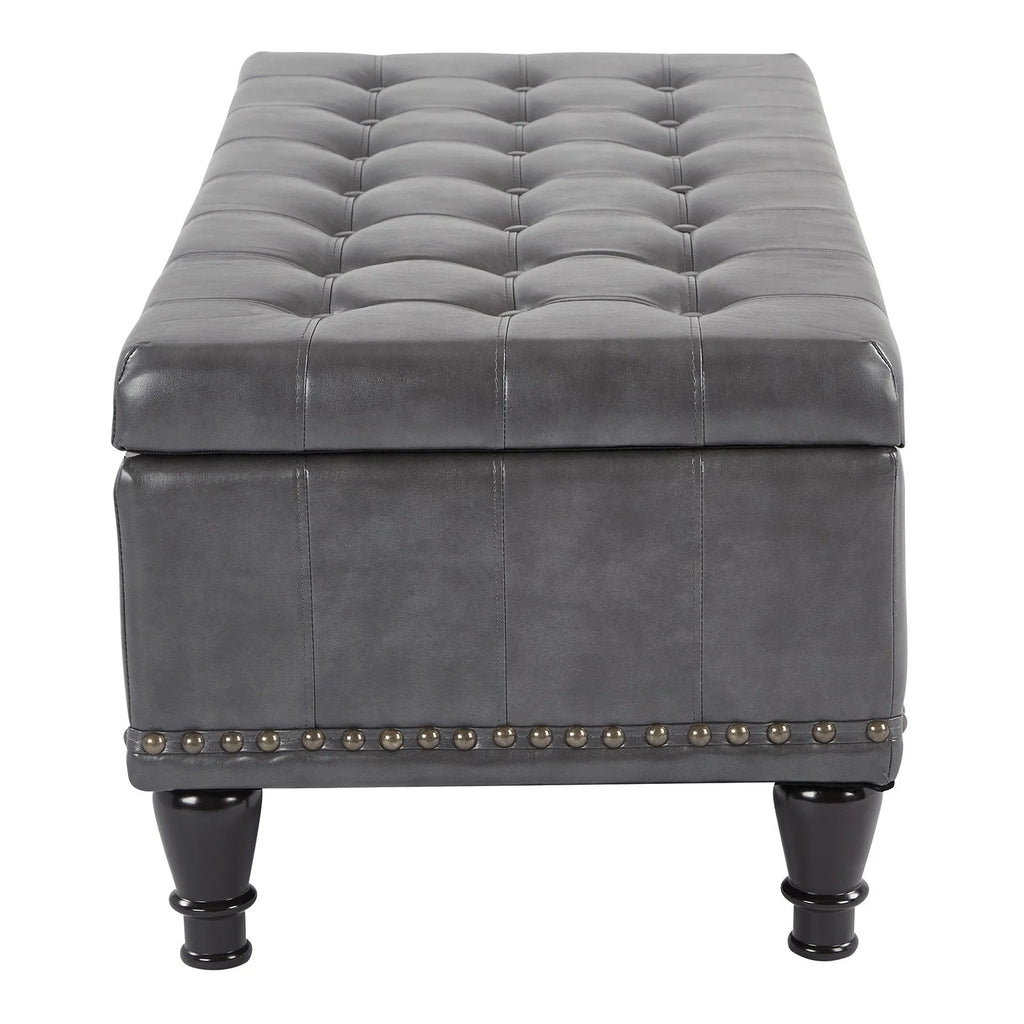Grey Bonded Leather Storage Ottoman with Antique Brass Nailheads D337979