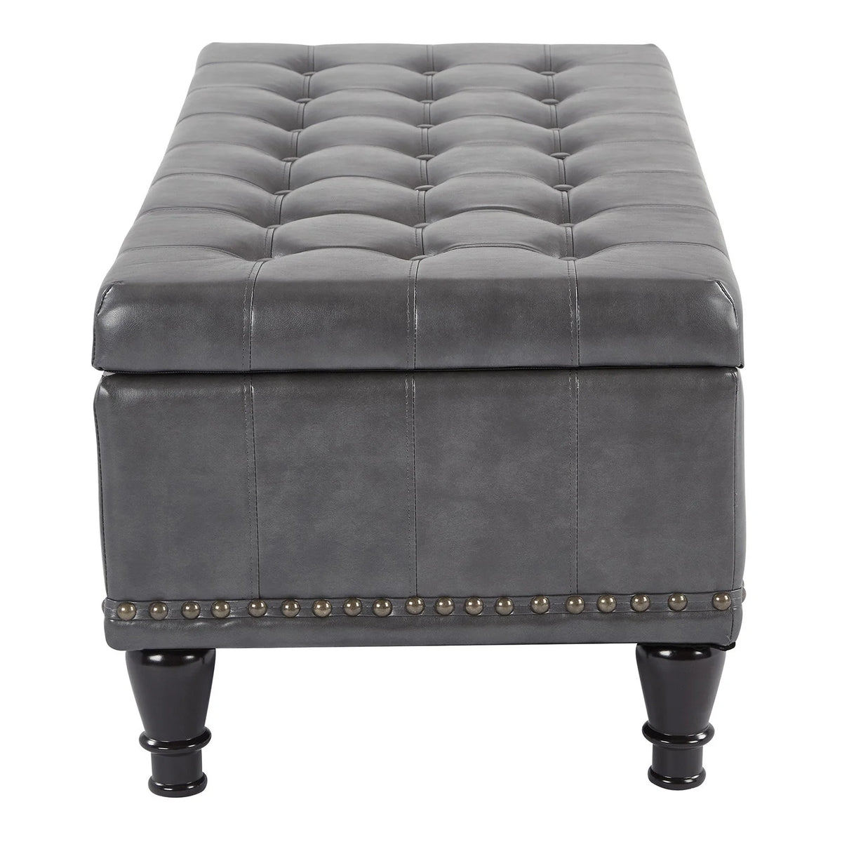 Grey Bonded Leather Storage Ottoman with Antique Brass Nailheads D337979