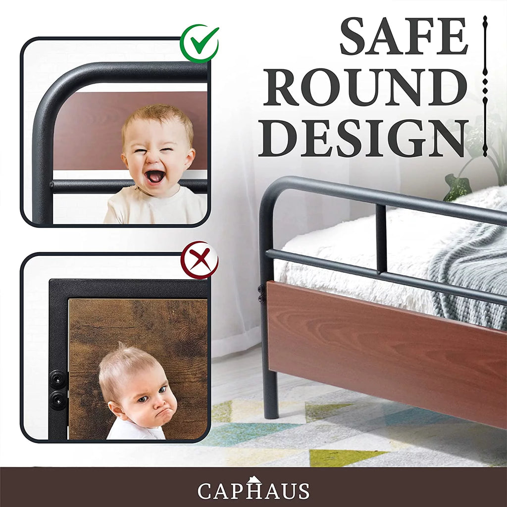 Twin Size Walnut Metal Platform Bed with Wood Headboard and Footboard E993