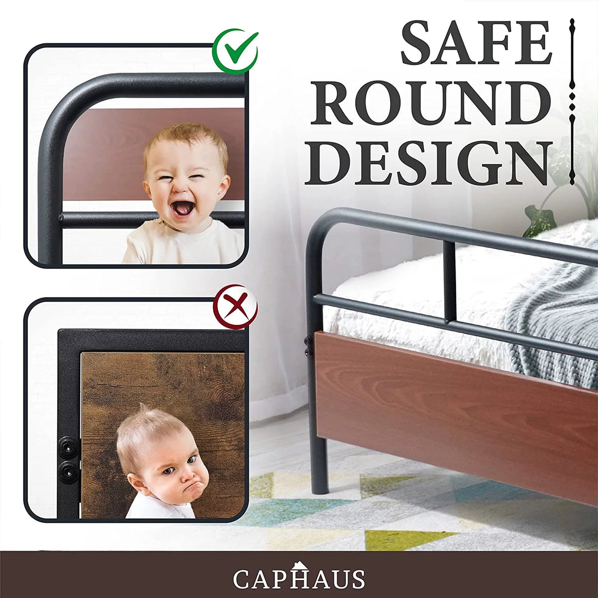 Twin Size Walnut Metal Platform Bed with Wood Headboard and Footboard E993