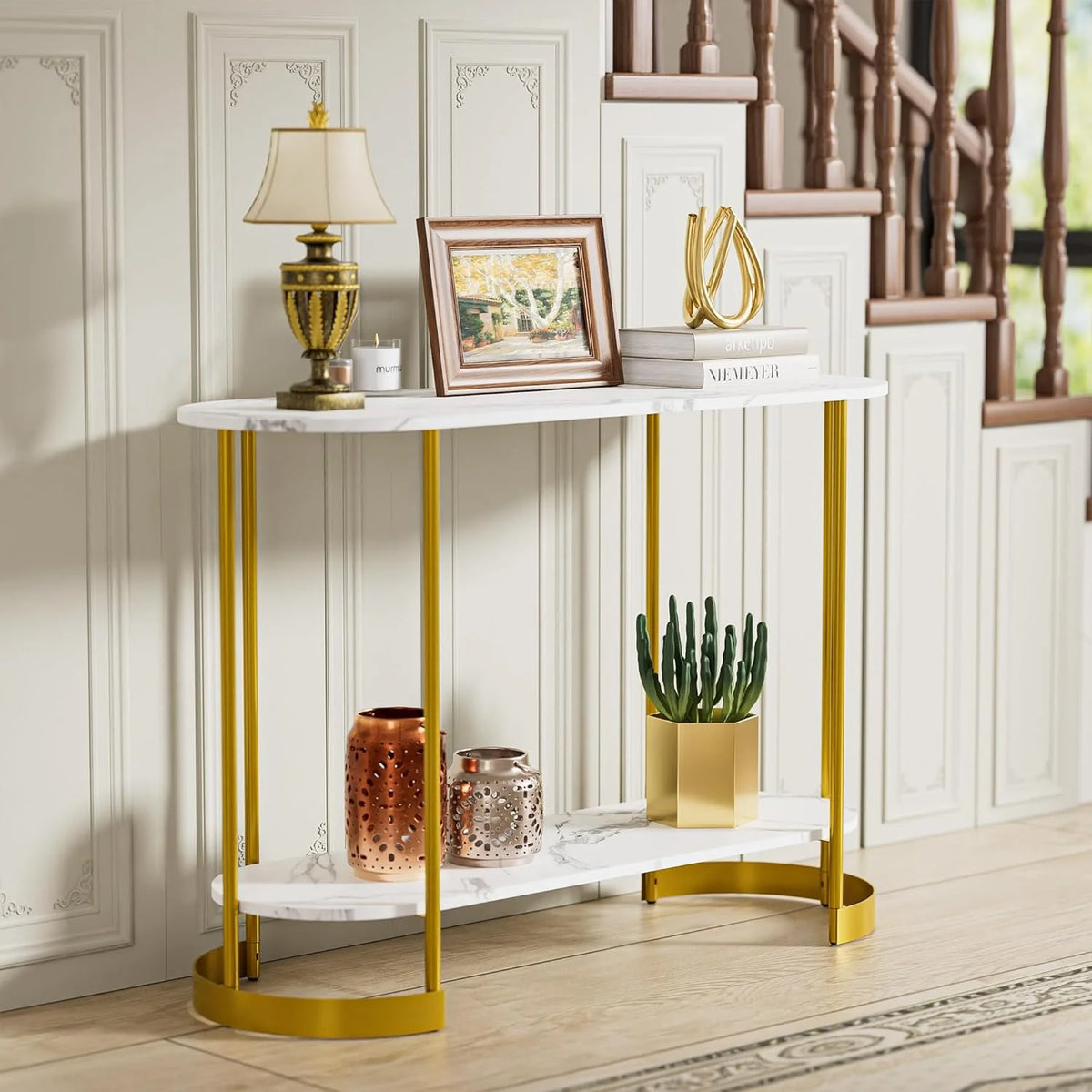 45.3" Gold Faux Marble 2-Tier Console Table I24196