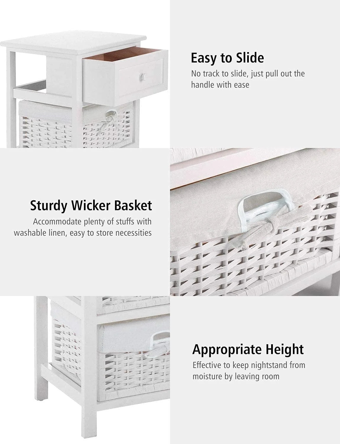 White 3 Tiers Nightstand with One Drawer 2 Baskets T1917