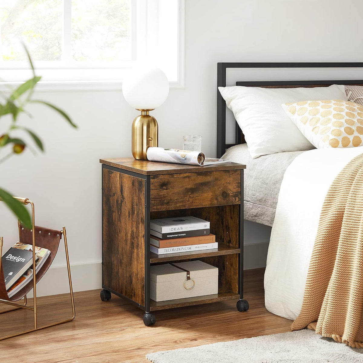 Rustic Brown and Black Nightstand with Lifting Top U3428