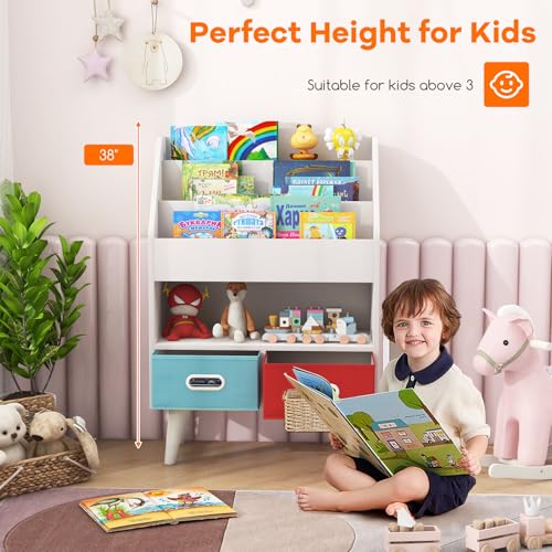 White Wooden Kids Bookshelf with 2 Cube Bins V18814