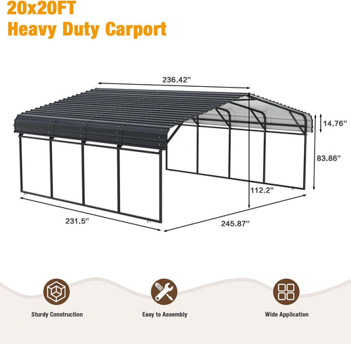 20' x 20' Metal Carport with Galvanized Steel Roof, Grey M74793
