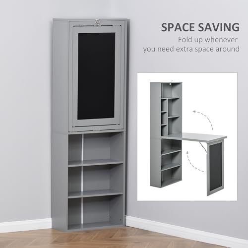 Grey Wall Mount Desk Cabinet with Blackboard and Side Shelf I2982