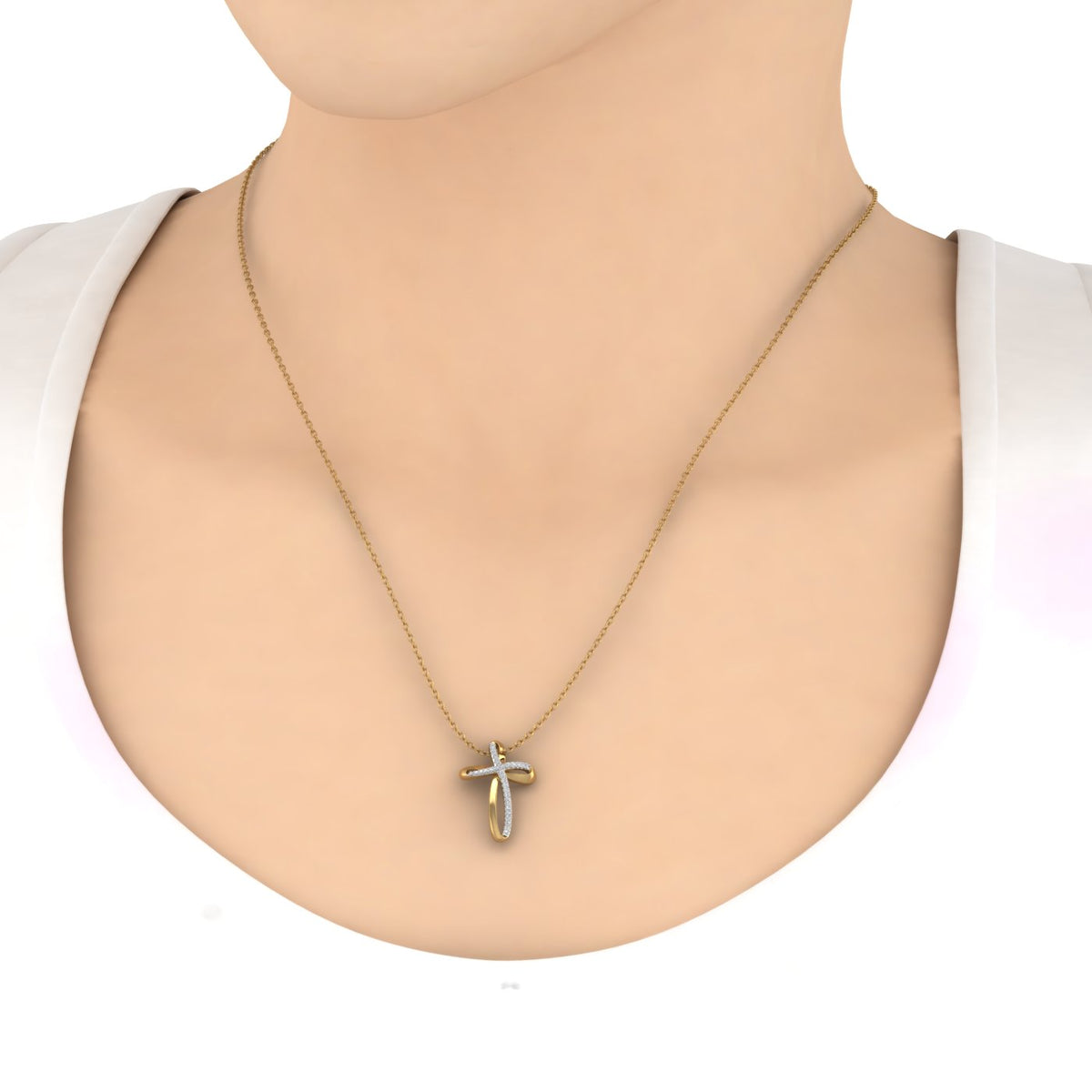 18K Yellow Gold over Sterling Silver Round Diamond Cross Pendant Necklace J312981