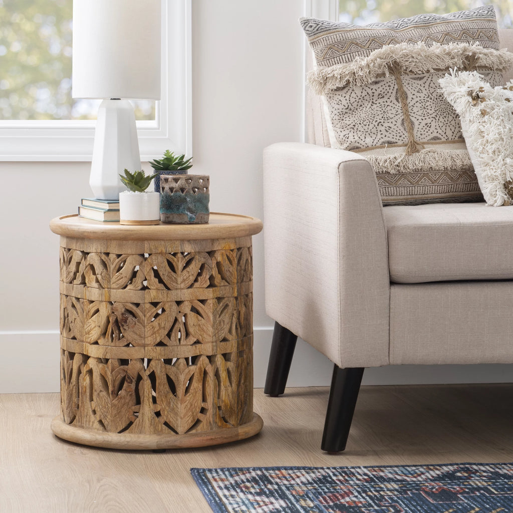 Carved Wood Round Indoor End Table I553