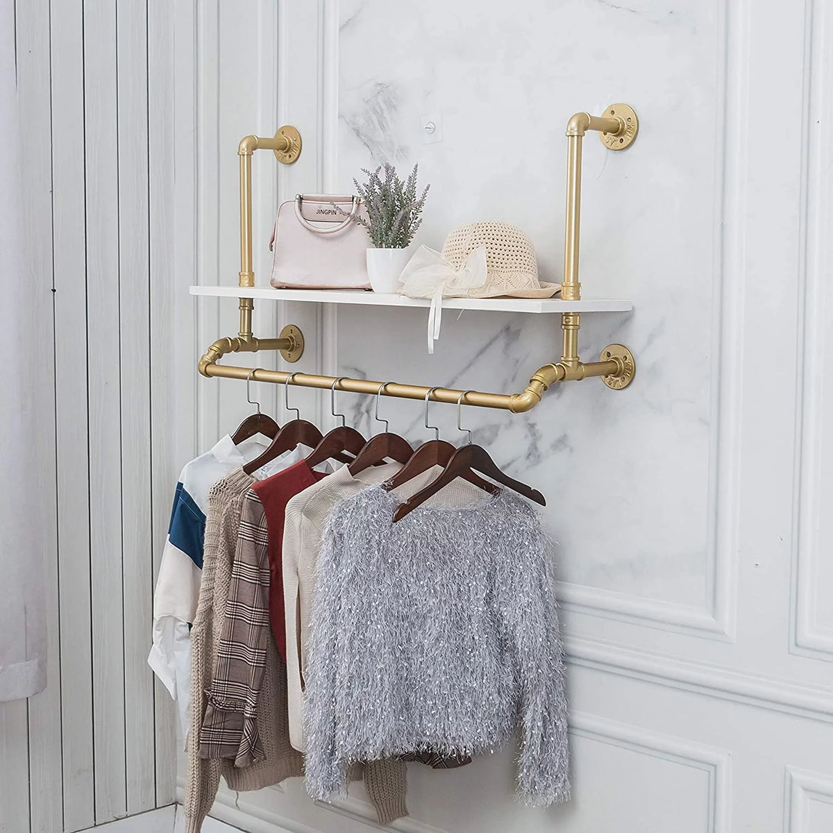 40" Gold White Industrial Wall-Mounted Iron Wooden Garment Rack F9160