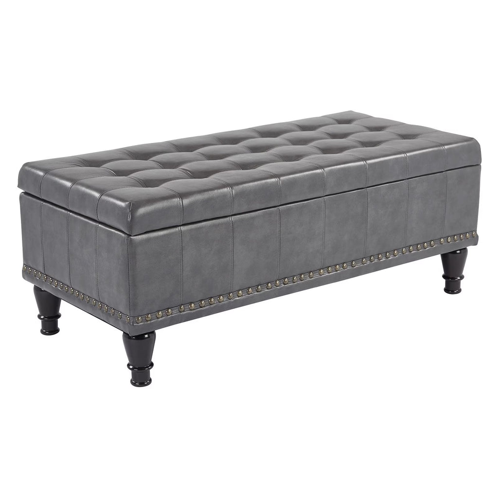 Grey Bonded Leather Storage Ottoman with Antique Brass Nailheads D337979