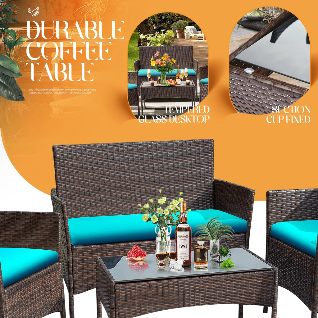 4 Piece PE Rattan Wicker Patio Table and Chairs Set with Cushions E412191