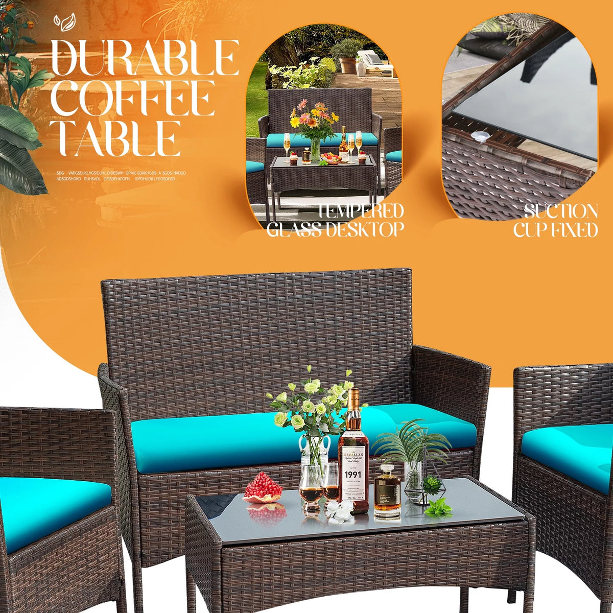 4 Piece PE Rattan Wicker Patio Table and Chairs Set with Cushions E412191