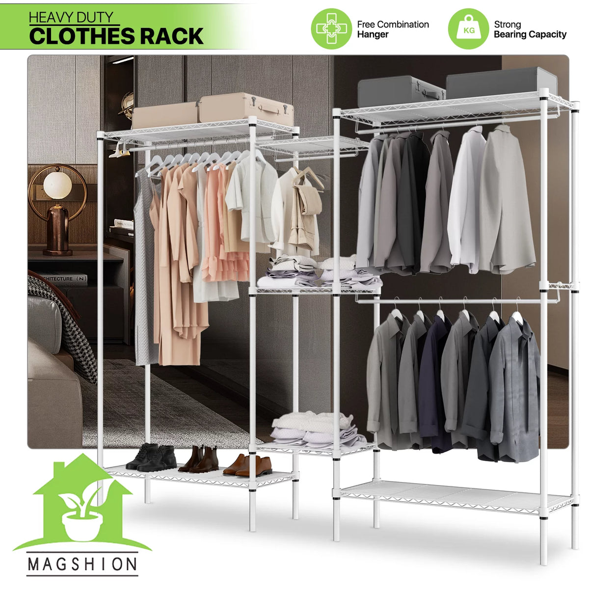 White Clothes Rack with 4 Hanging Rods and Shelves O5166