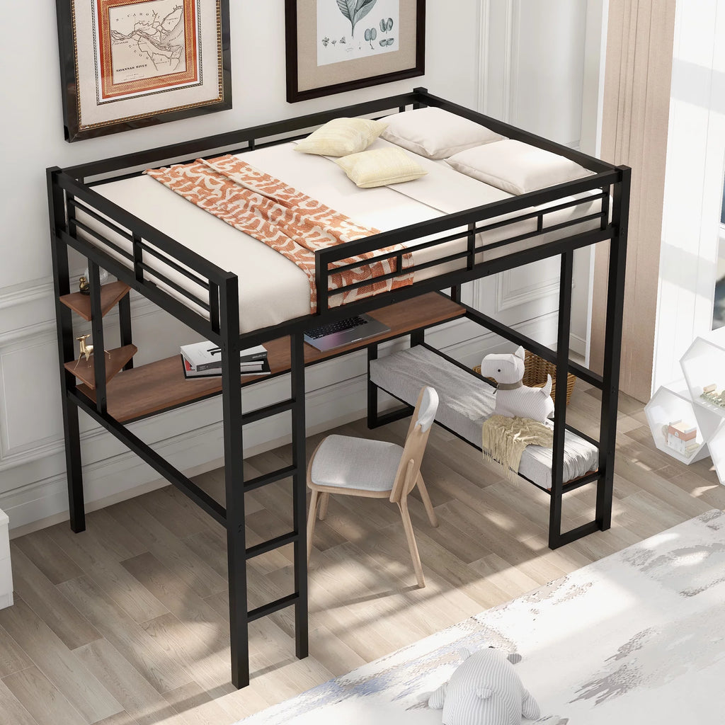 Full Size Metal Loft Bed with Desk and Shelves W626525