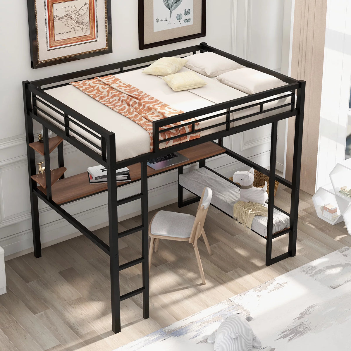 Full Size Metal Loft Bed with Desk and Shelves W626525