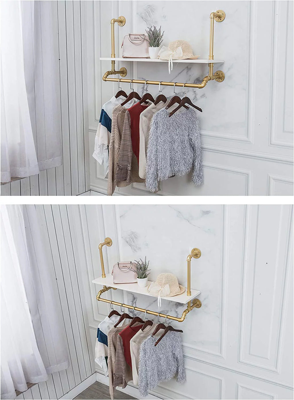 40" Gold White Industrial Wall-Mounted Iron Wooden Garment Rack F9160