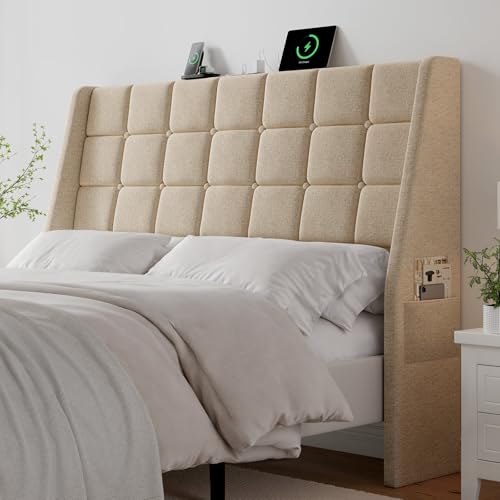 Queen Size Light Grey Linen Upholstered Headboard with Charging Station Y316