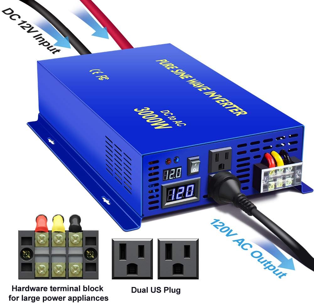 3000W Pure Sine Wave Power Inverter 12v to 110v 120v DC to AC with 2 USA Outlets 2 Battery Cables O79864