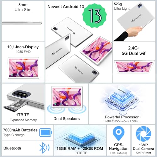Android Tablet 10.1 Inch 16GB RAM 128GB ROM 2 in 1 Tablet with Keyboard Mouse Pen Octa-Core 2.0Ghz 7000mAh 1080FHD 13MP Camera Silvery A262