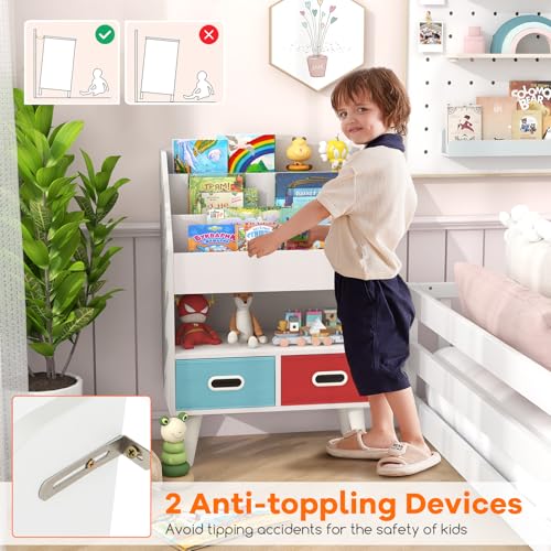 White Wooden Kids Bookshelf with 2 Cube Bins V18814