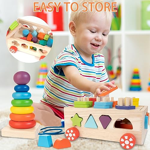 Wooden Blocks Shape Sorter Stacking Rings Baby Color Sorting Toys I489