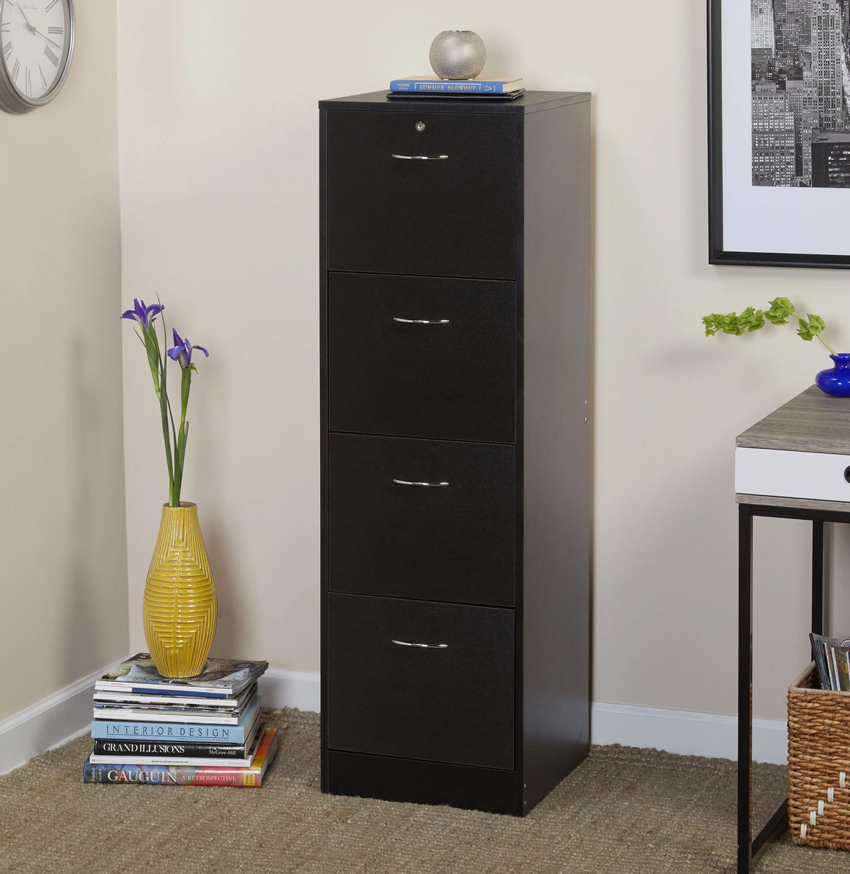 4 Drawer Wood Lockable Filing Cabinet, Black H8431