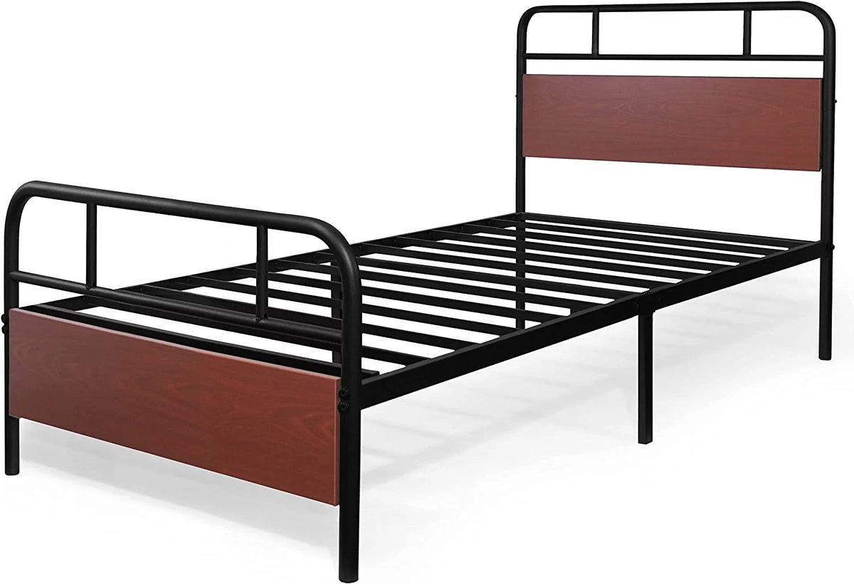 Twin Size Walnut Metal Platform Bed with Wood Headboard and Footboard E993