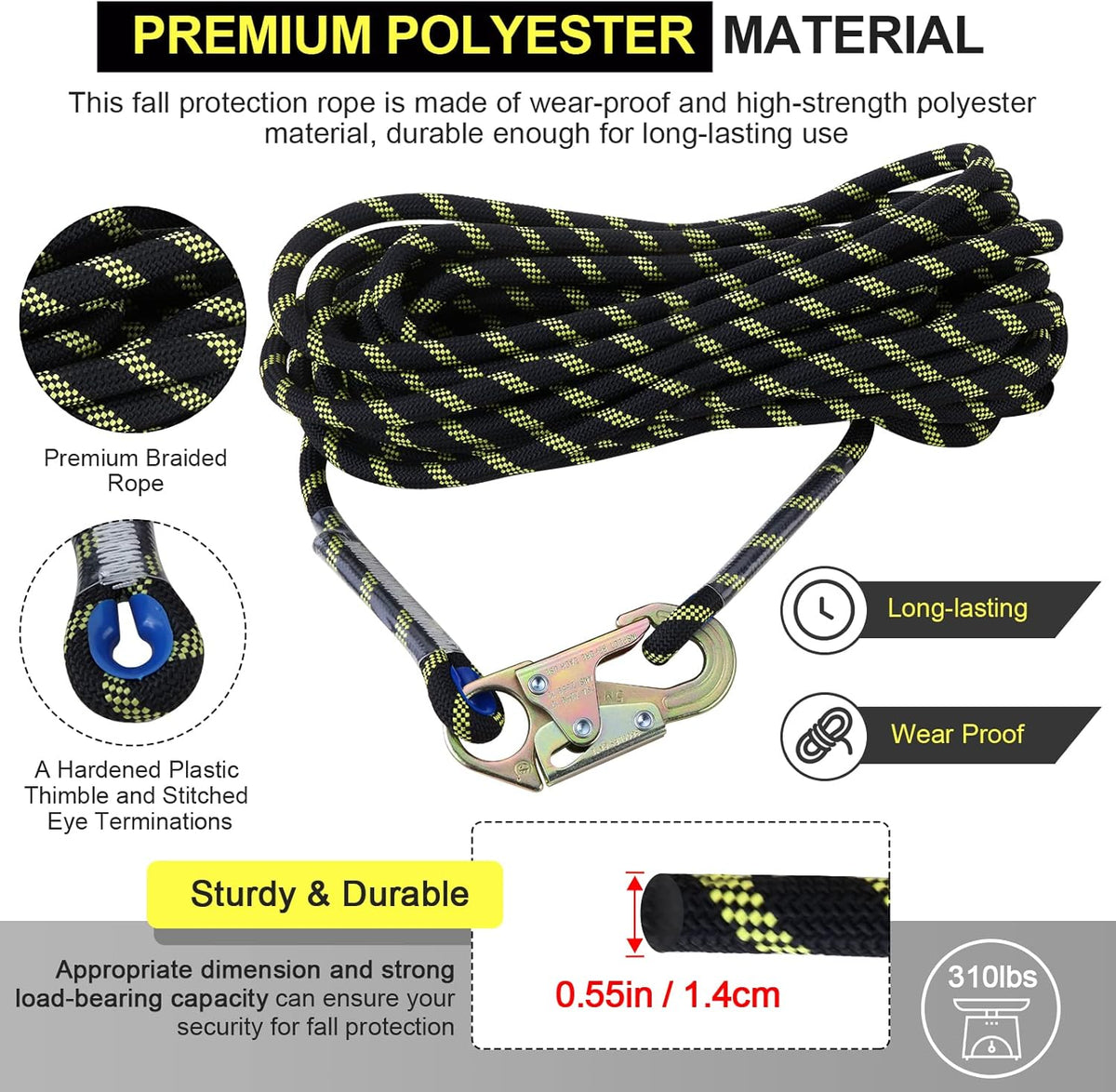 25 ft Rope Assembly with Rope Grab Snap Hooks Shock Absorber CE Standard Fall Protection Rope Kits Pack of 2 V826